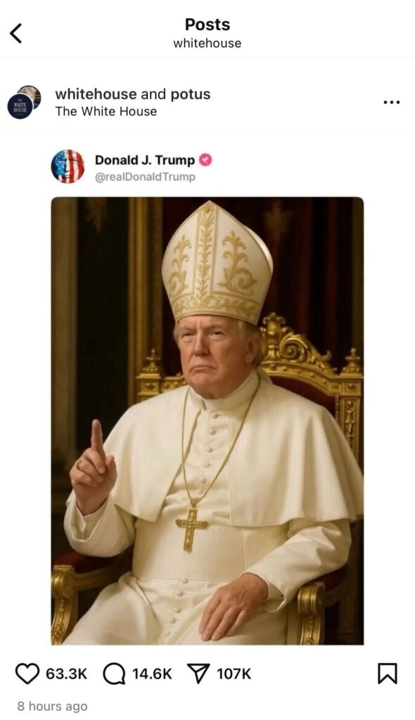 A picture of Donald Trump's Truth Social account showing an AI generated image of him as the Pope.