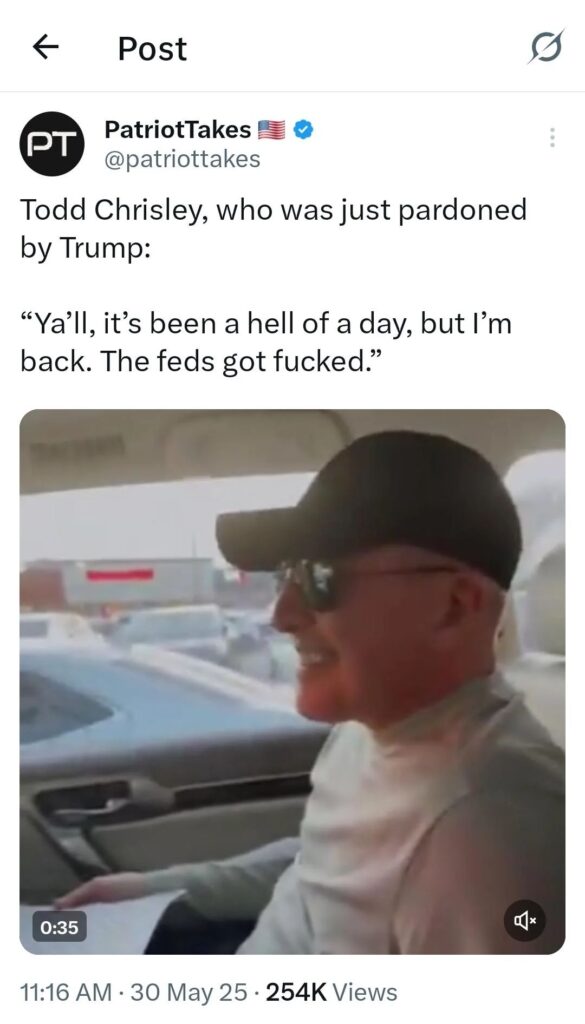 A screenshot of Todd Chrisley quoted as saying, "Ya'll, it's been a hell of a day, but I'm back. The feds got fucked."